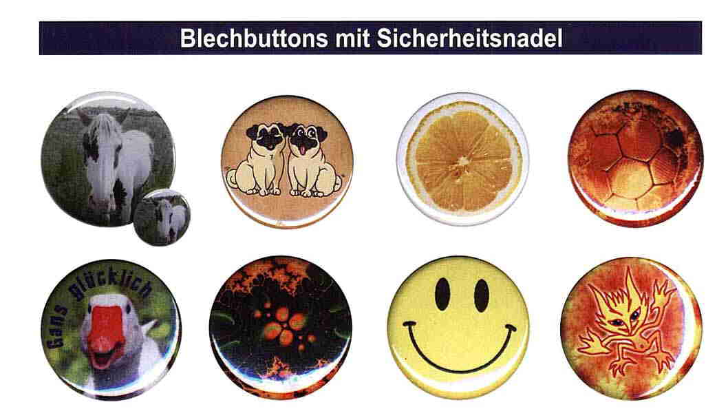 Blechbuttons mit Sicherheitsnadel Blechbuttons mit Sicherheitsnadel