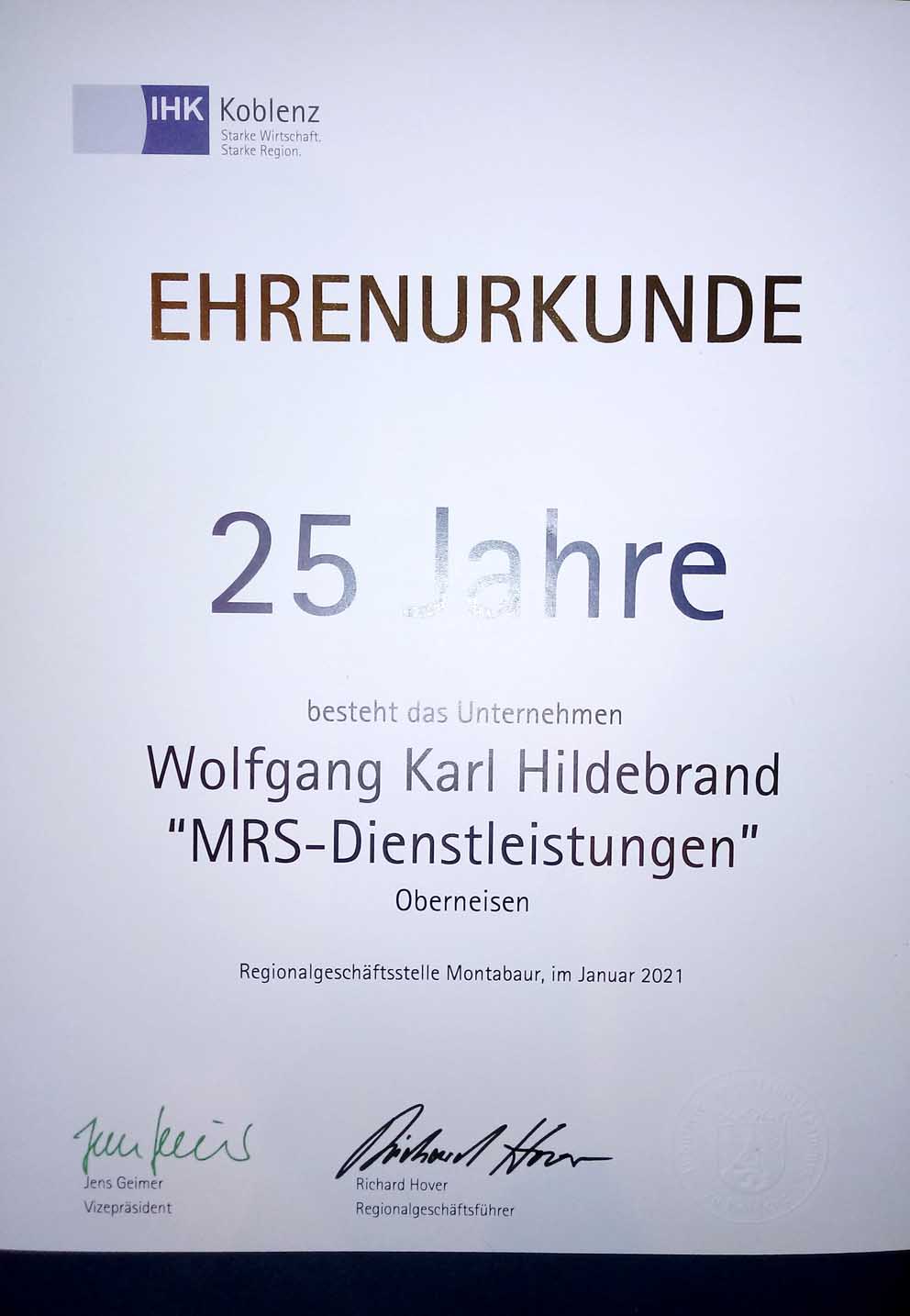 Ehrenurkunde 25 Jahre