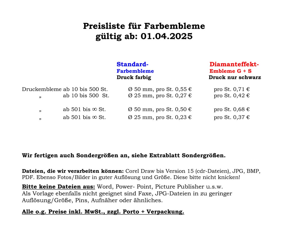 Preisliste Farbembleme