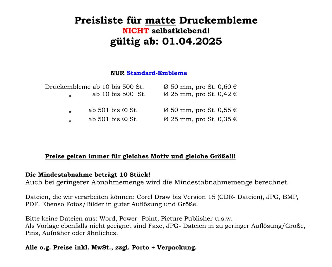 Preisliste matte Farbembleme
