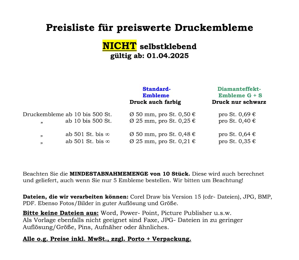 Preisliste preiswerte Farbembleme
