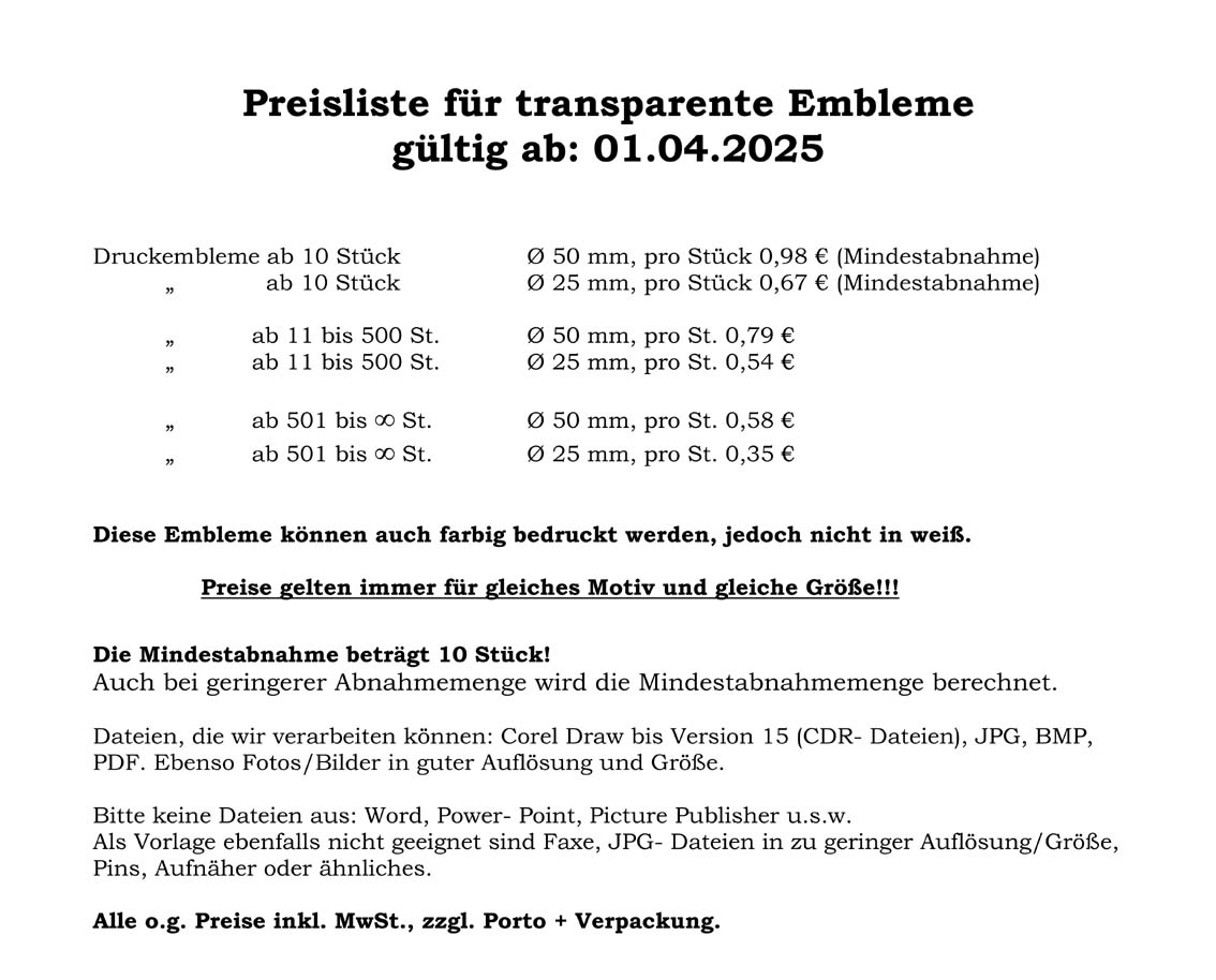 Preisliste transparente Farbembleme