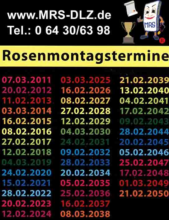 Rosenmontagstermine bis 2050