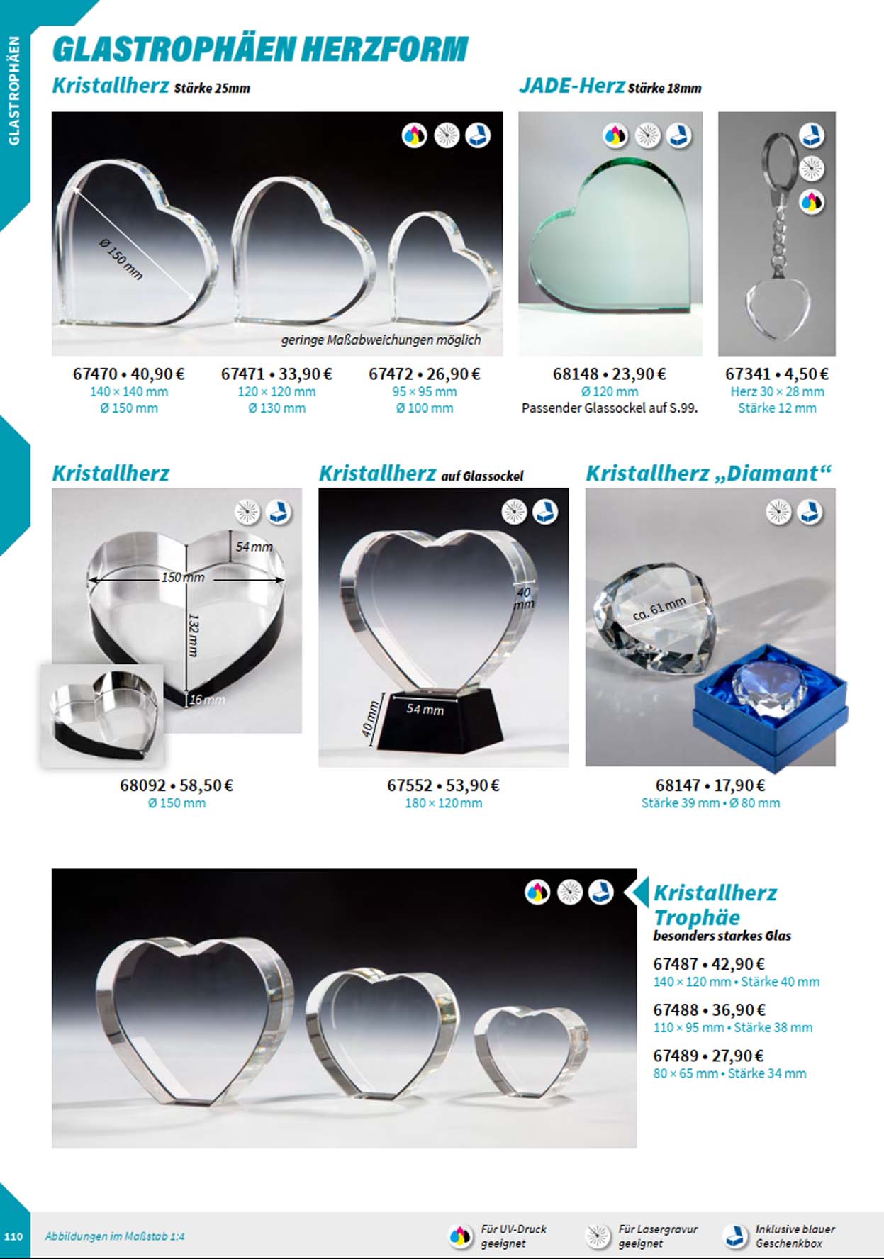 Glasherzen, Noblesseglas-Trophen, Glasstnder, Glastrophen, Glaspokale
