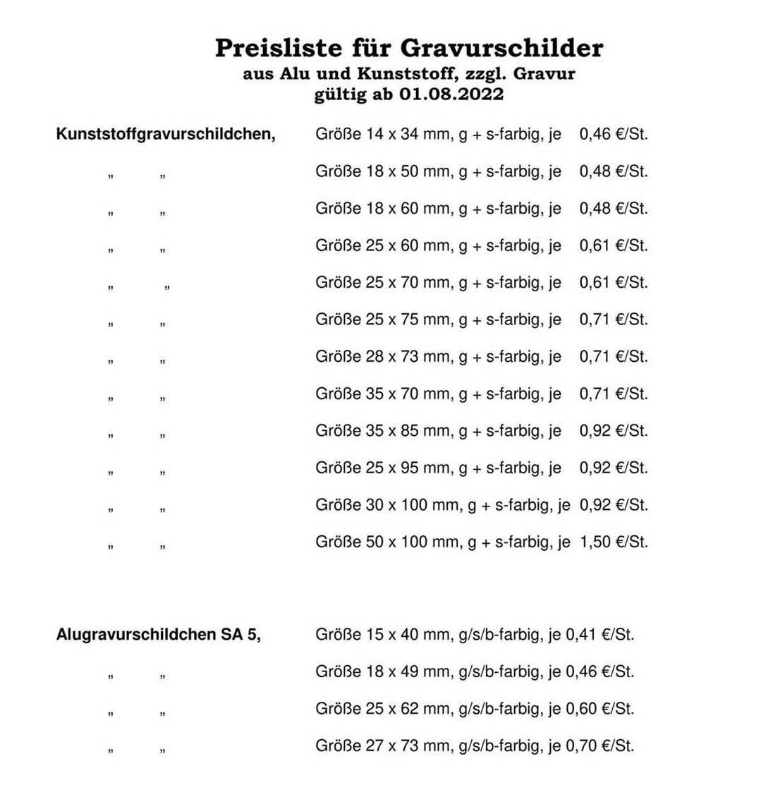 Preisliste Gravurschilder 1