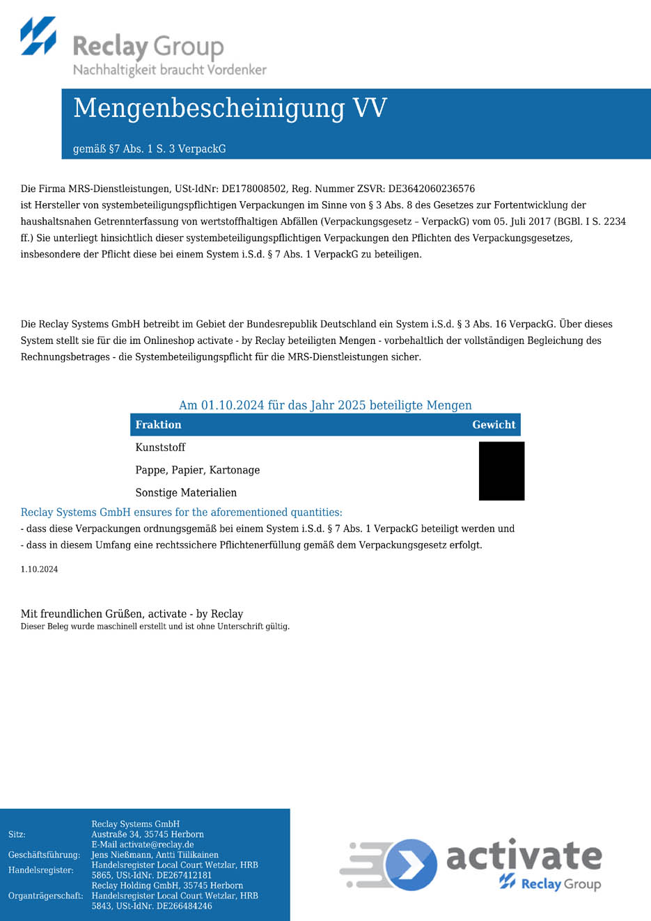 Mengenbescheinigung 2025