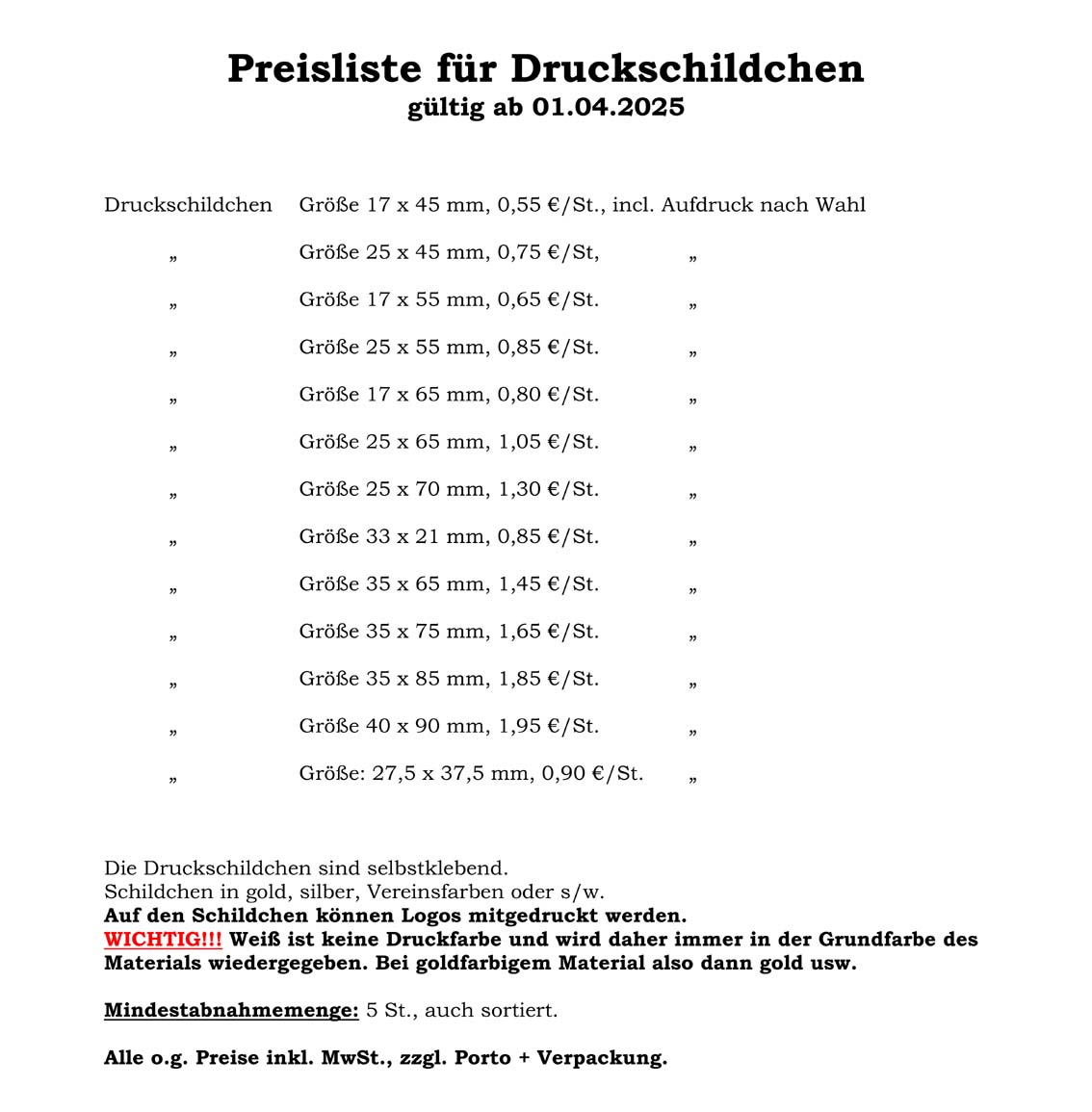 Preisliste Druckschildchen